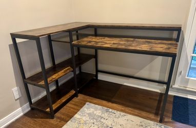 L-Shape Home Office Desk with Shelves – Brown/Black