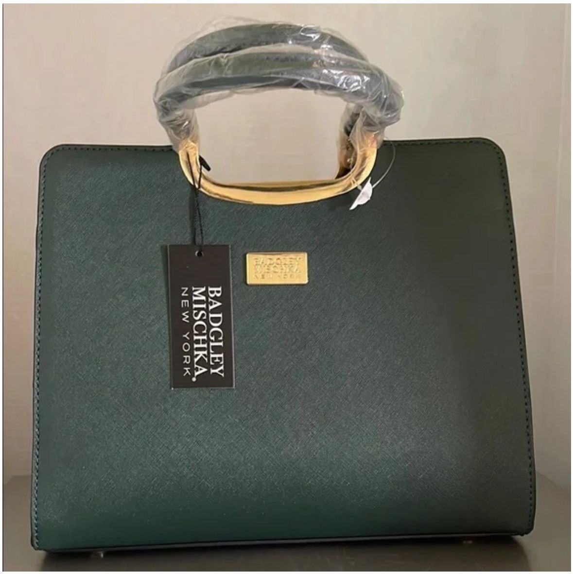 Badgley Mischka Womens Green The Louise Saffiano Double Handles Satchel Bag