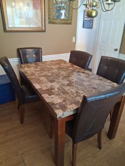 Solid oak granite top dining table set with 5 leather chairs