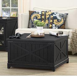 Farmhouse Coffee Table with Hidden Storage Organizer, Black Square Large Center Table, Wood Farm House Low Modern Living Room Tables with Hinged Lift 