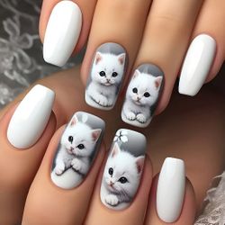 24-pcs. Cute Kitten Long Press-On Nails