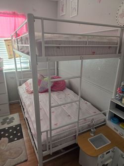 White Metal Twin Bunk Bed Frame with rolling Trundle