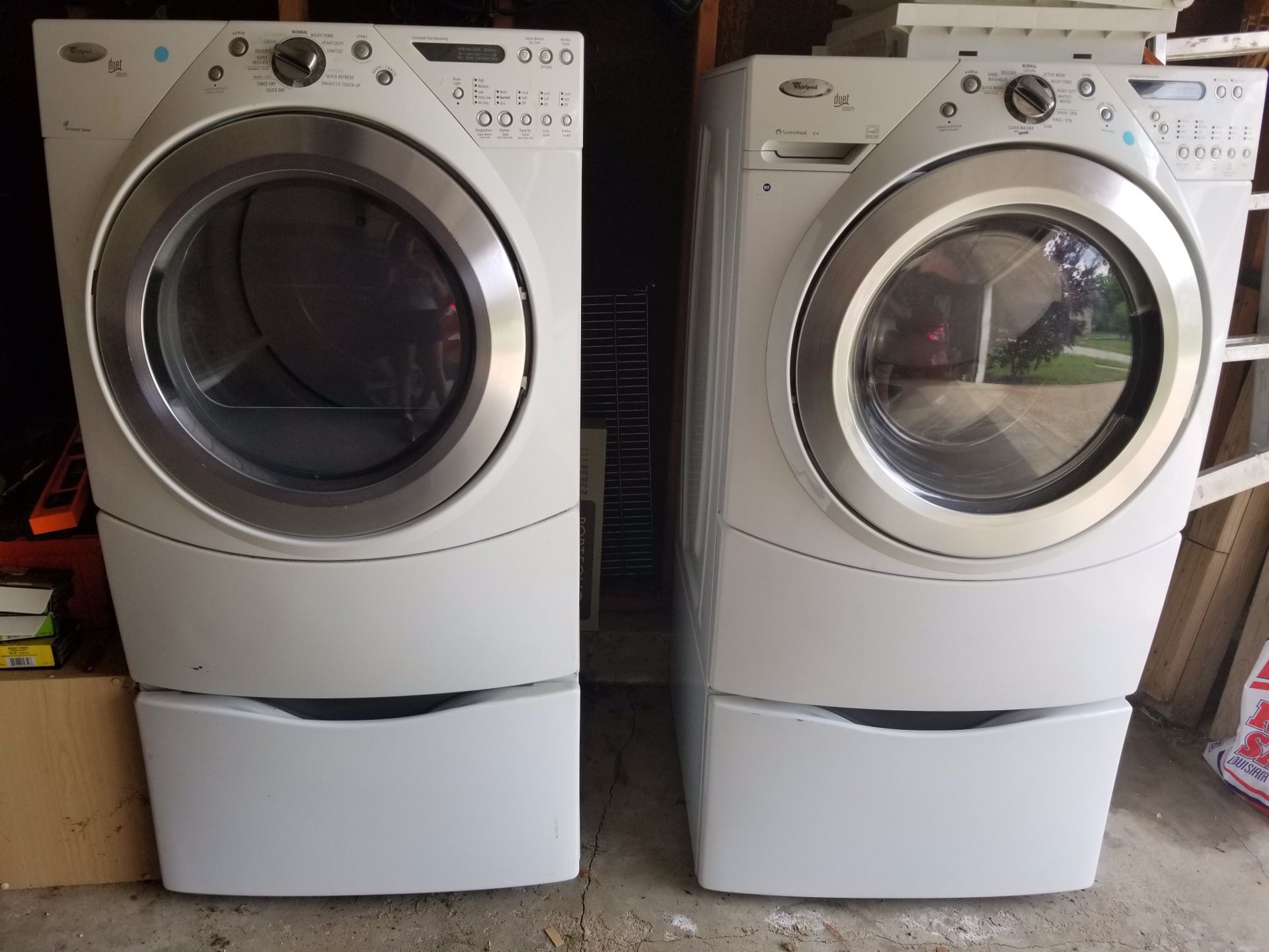 Whirlpool Duet Washer and Dryer set with pedestals