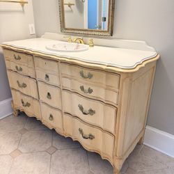 French Provincial serpentine dresser converted to Bathroom Vanity w/ Floral Sink