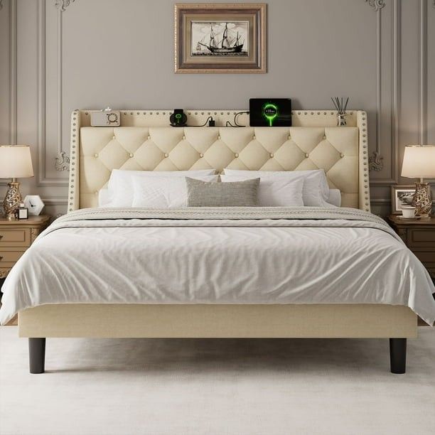 Queen Frame with 16" Deluxe Wingback & Charging Station, Upholstered Platform Bed with Button Tufted Storage Headboard