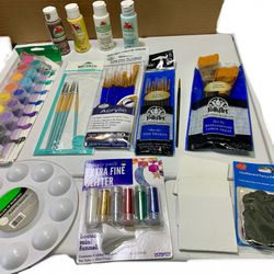 Acrylic Paints, 4 Brush Sets, Paint Pallet, Glitter, Plant Stake Markers, Boards