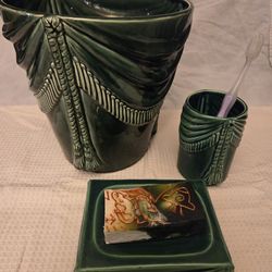 Vintage Clay Art “Tassel” Green Ceramic Bathroom Set – trash bin, toothbrush cup & soap dish