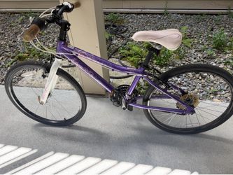a 2011 Raleigh Ivy girls' mountain bike, featuring a purple frame with decorative white graphics.