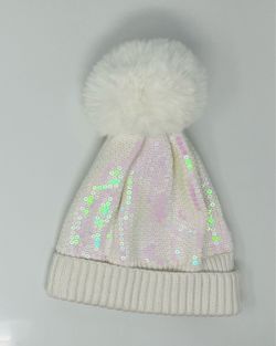 Glitzy Sequin Embellished Pom Pom Beanie Hat