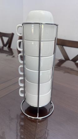 Set of 6 White Ceramic Stacking Mugs with Metal Rack