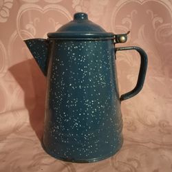 Vintage Blue Speckled Metal Coffee Pot 