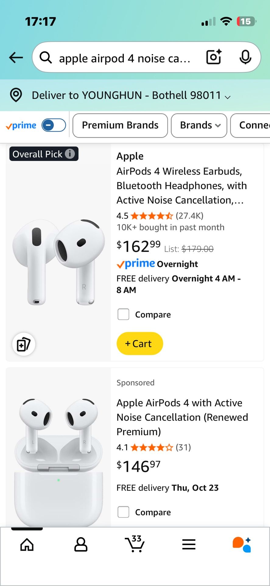 Apple Airpod 4 Noise Cancelling, New Condition , Bellevue Pickup