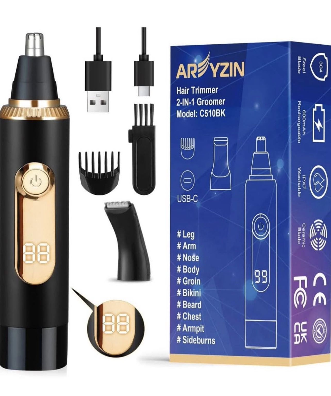 Brandnew Ear and Nose Hair Trimmer for Men Women with LED Display, 2 in 1 Painless USB Rechargeable Nose Trimmer Clipper Eyebrow & Facial Hair Remover