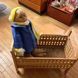 A Nice, Beautiful Doll Bed (27” Long X 14” Wide) Wi A Vintage Doll (NO SHIPPING)