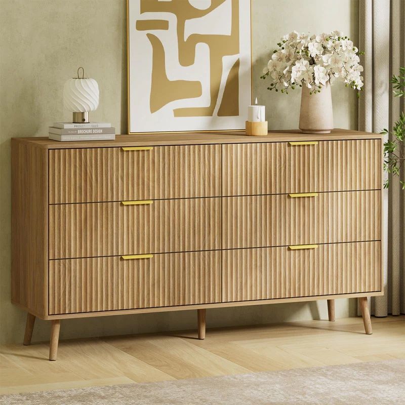 6 Drawers Fluted Dresser for Bedroom, 55" Wide Modern Chest of Drawers with Metal Handle and Curved Profile Design, Dresser TV Stand, Wood Drawer Org