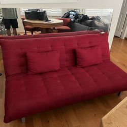 Red Futon Couch/Bumper Pool/Poker Table Vintage Chairs
