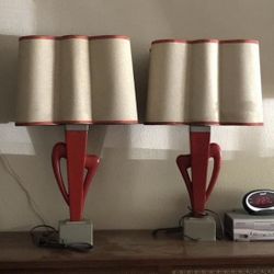 Vintage MCM Rare Rembrandt Atomic Table Lamps, Ceramic Red Cactus Table Bed Lamps