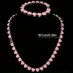 2-Pcs Iced Out Paved 14K White Gold Plated Pink Cubic Zirconia Heart Shaped Tennis Necklace & Bracelet Set 