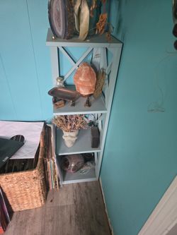 Light Blue Wood Bookshelf and corner shelf with X-Back Design
