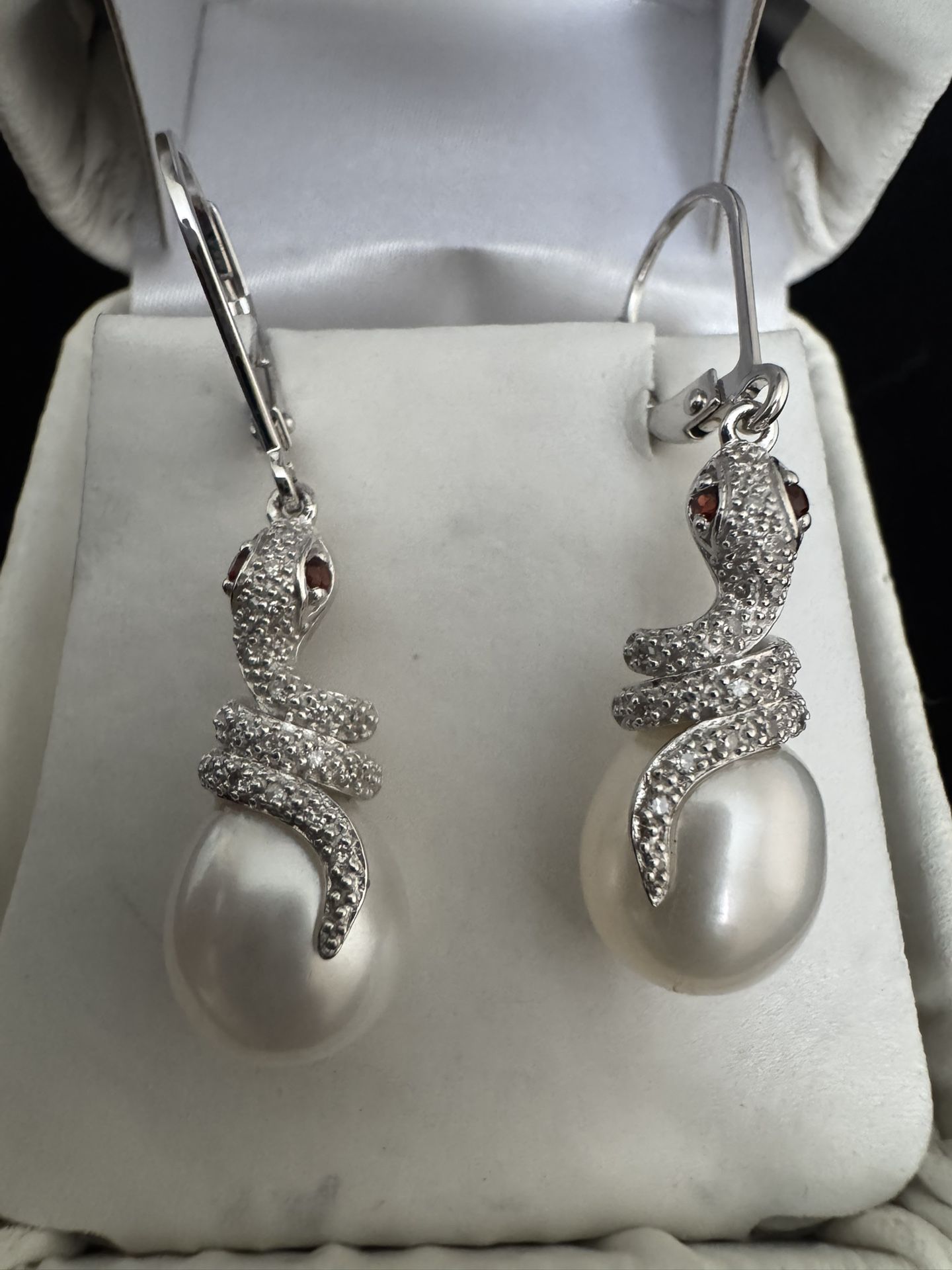 Sterling Silver Pearl, Garnet, & ~1/4CTW Diamond Snake Dangle Earrings
