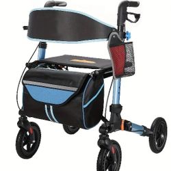 Rollator Walker for Seniors, Lightweight Foldable All Terrain Rolling Walker with seat, Aluminum Walkers with 8 inch Rubber Wheels, Handles and Backre