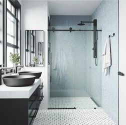 VIGO
Elan E-Class 64 to 68 in. W x 76 in. H Sliding Frameless Shower Door in Matte Black with 3/8 in. (10mm) Clear Glass