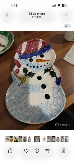 Present Tense Hand-Painted Italian Snowman Platter, Christmas Serving Dish