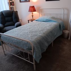 White Metal Bed Frame with Mattress, Sheets And Bedspread 
