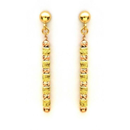 18K Solid Yellow Gold Diamond Cut Cylinder Ball Drop Earrings