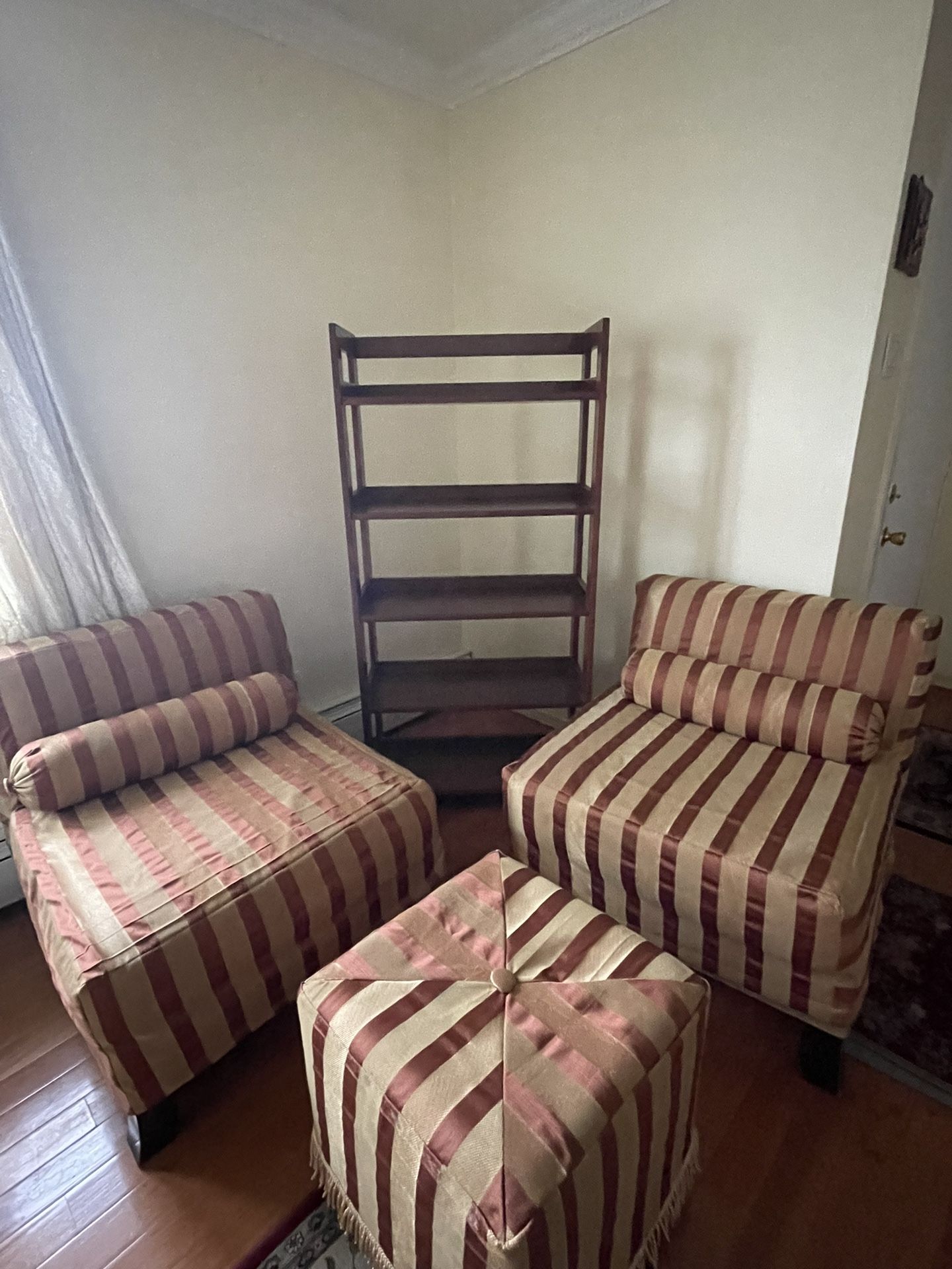 2 Slipper Chairs, Ottoman, And Bookshelf