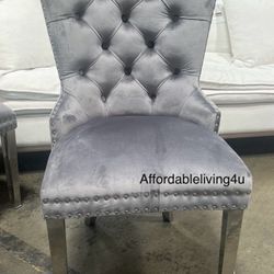Grey Velvet Dining Chairs W/ Metal Legs Set Of 2 Brand New In Box