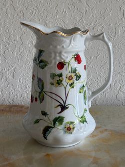 White Porcelain Pitcher with Strawberry Floral Design