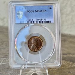 1928-S Lincoln Wheat Cent PCGS MS61BN Graded Coin