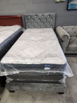 Twin bed frame gray velvet with mattress set