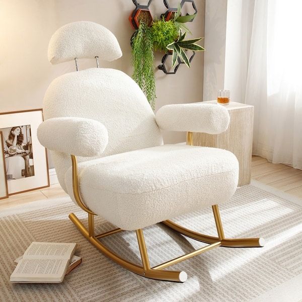 White Modern Sherpa Fabric Nursery Rocking Chair [NEW]