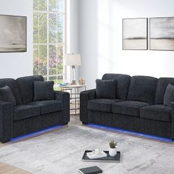 Brand New Elegant Slate LED Black Sofa Loveseat Set 