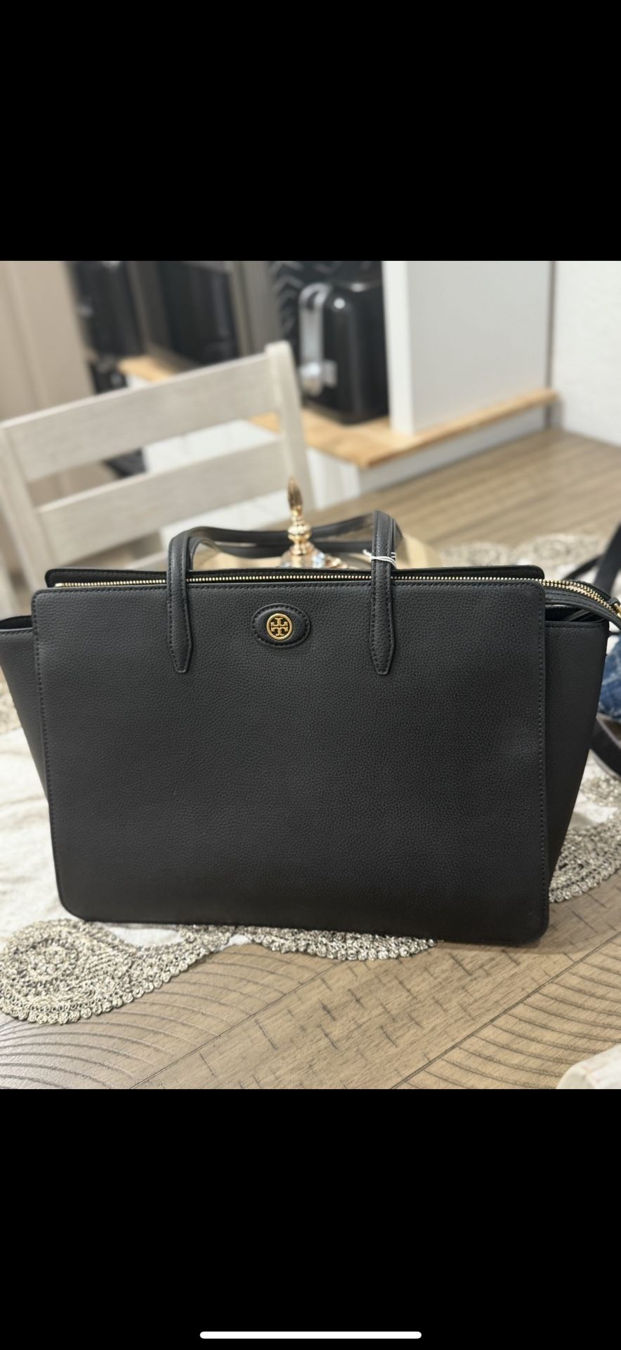 Tory Burch Robinson Large Zip Top Pebbled Leather Tote, Black