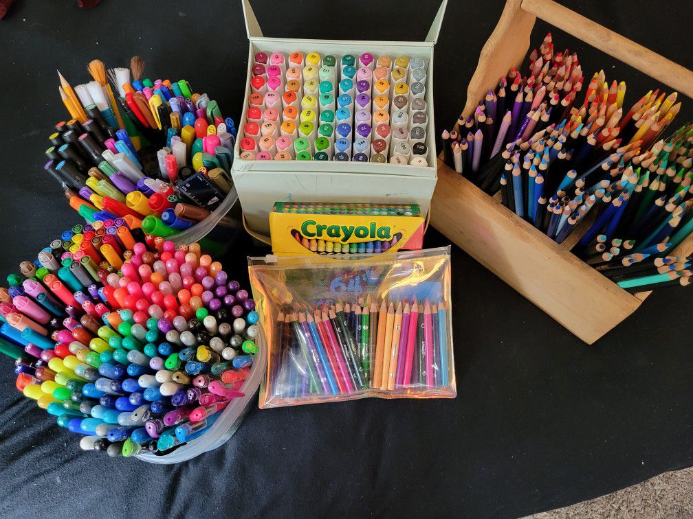  gel pens, alcohol markers,colored pencils, crayons 