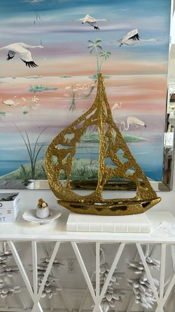 Gold Metal Boat Sculpture 