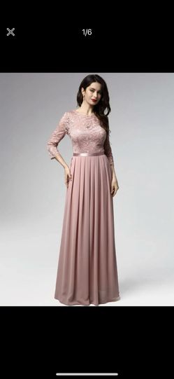 Dusty Pink Floral Lace Ribbon Waist Pleated Dress