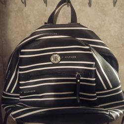 Tommy Hilfiger Black And White Striped Leather Backpacm