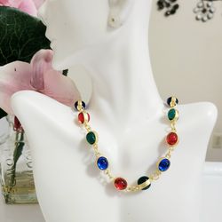 18k gold retro multicolored stones  women's ladies pendant necklace gift