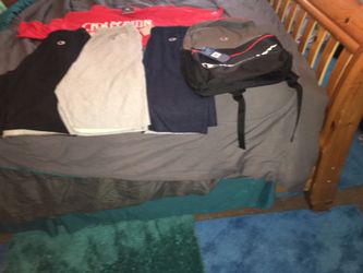 Champion boys in men outfits in slides and backpacks