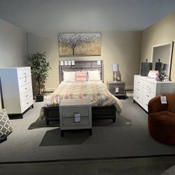 Grey Queen Bed, Dresser, Mirror And Nightstand