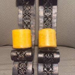 Two Decorative Wall Candle Holders, Brown Metal