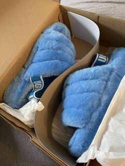 Neon Blue Fluff Yeah Ugg Slides Size 9