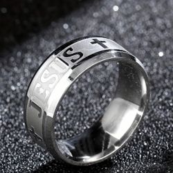 Mens Or Woman’s Stainless Steel Silver Jesus Cross Wedding Ring