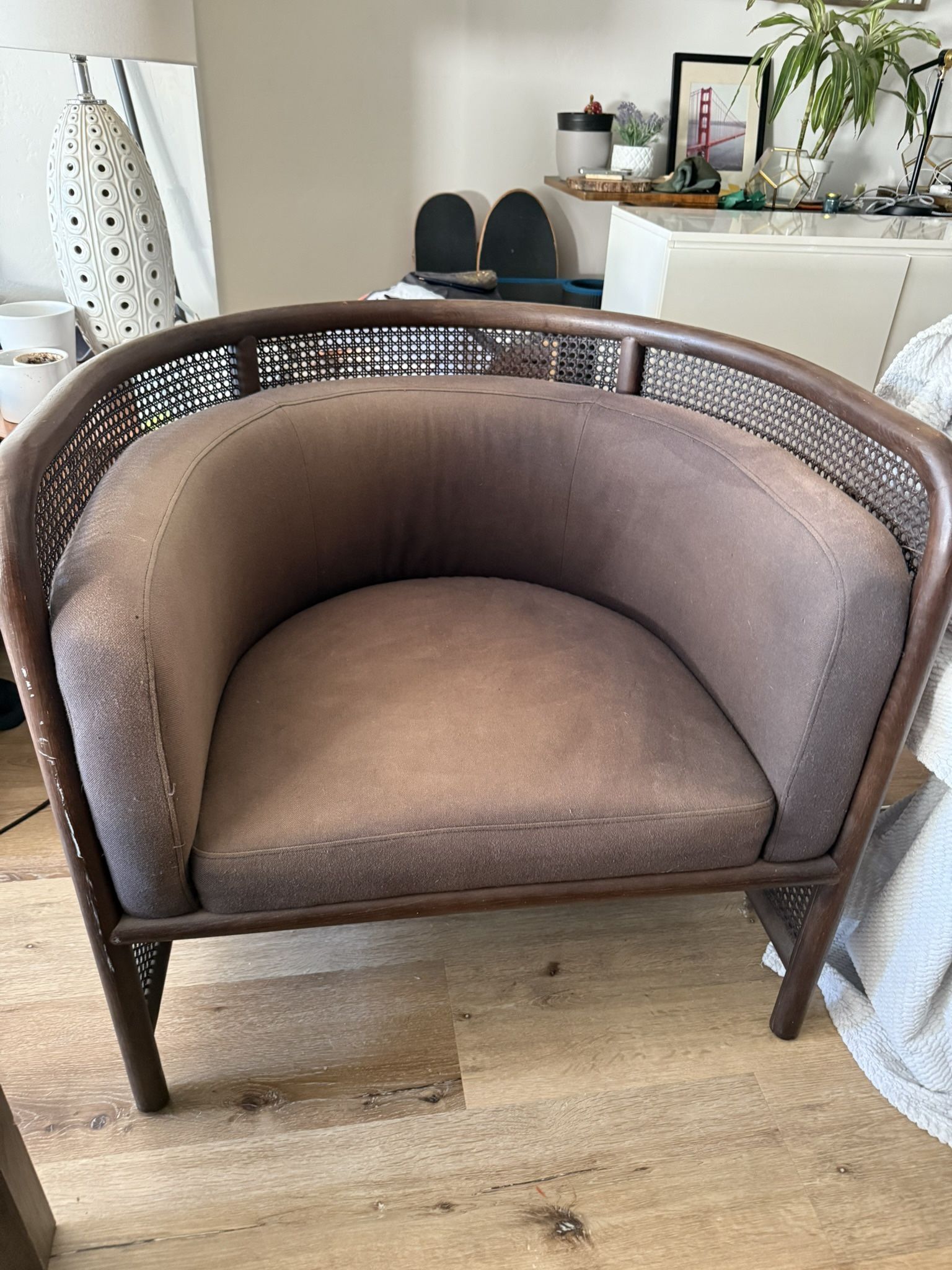 Crate & Barrel Barrel Accent Chair – Cane Back, Wood Frame