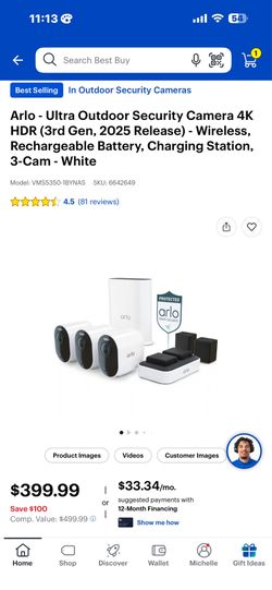 Arlo - Ultra Outdoor Security Camera 4K HDR (3rd Gen, 2025 Release) - Wireless, Rechargeable Battery, Charging Station, 3-Cam - White