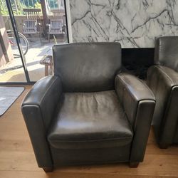 2 Pottery Barn Grey Leather Irving Square Arm Chairs and an Ottoman